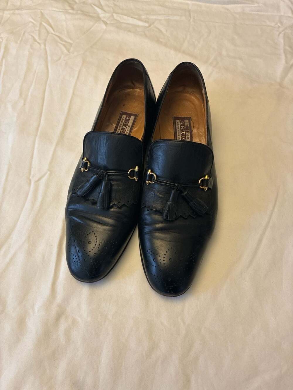 Artioli Star Handmade in Italy Black Leather Wingtip Horsebit Tassel Loafers